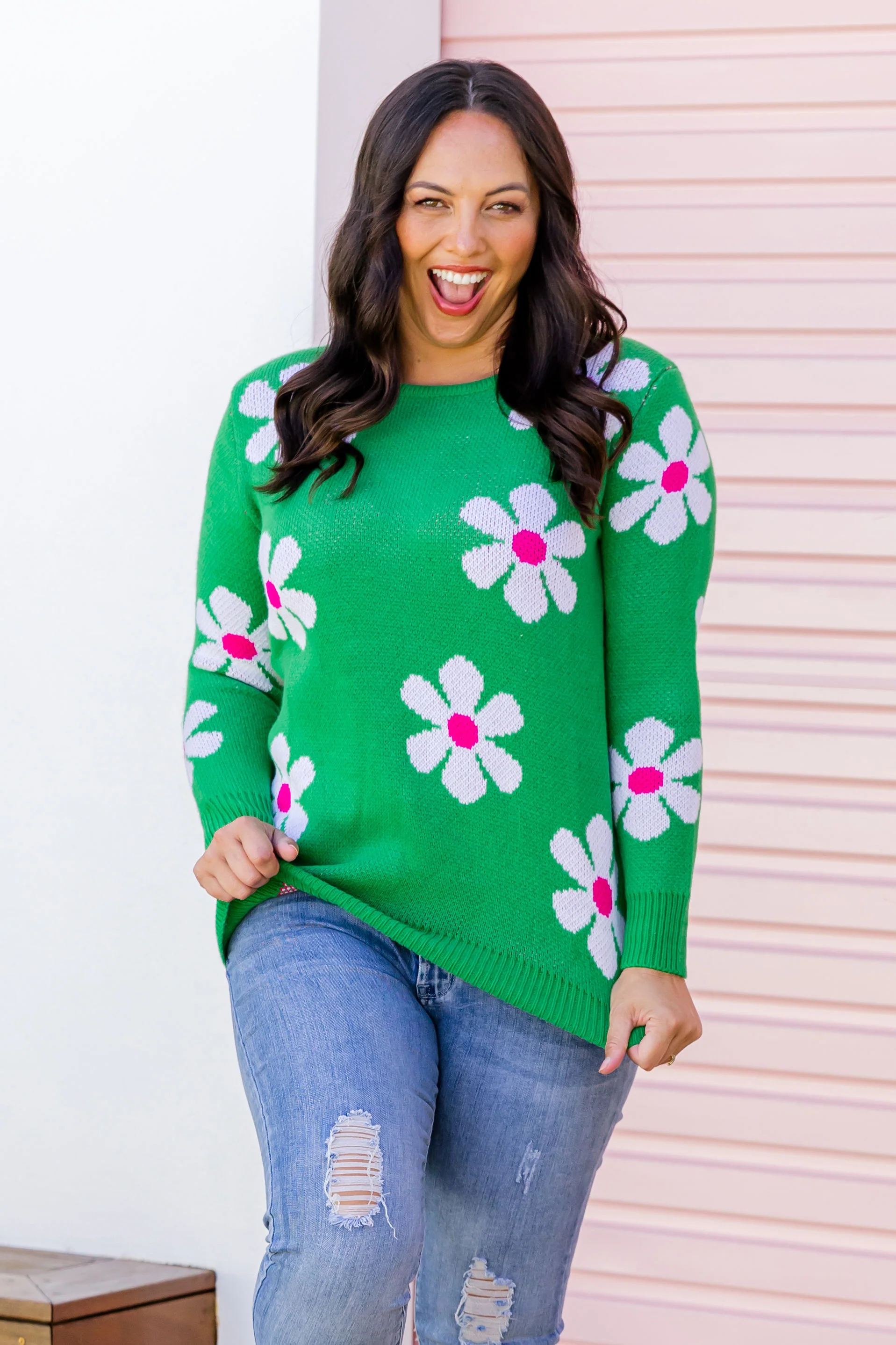 Florence Knit Jumper in Green Flowers - Image 3