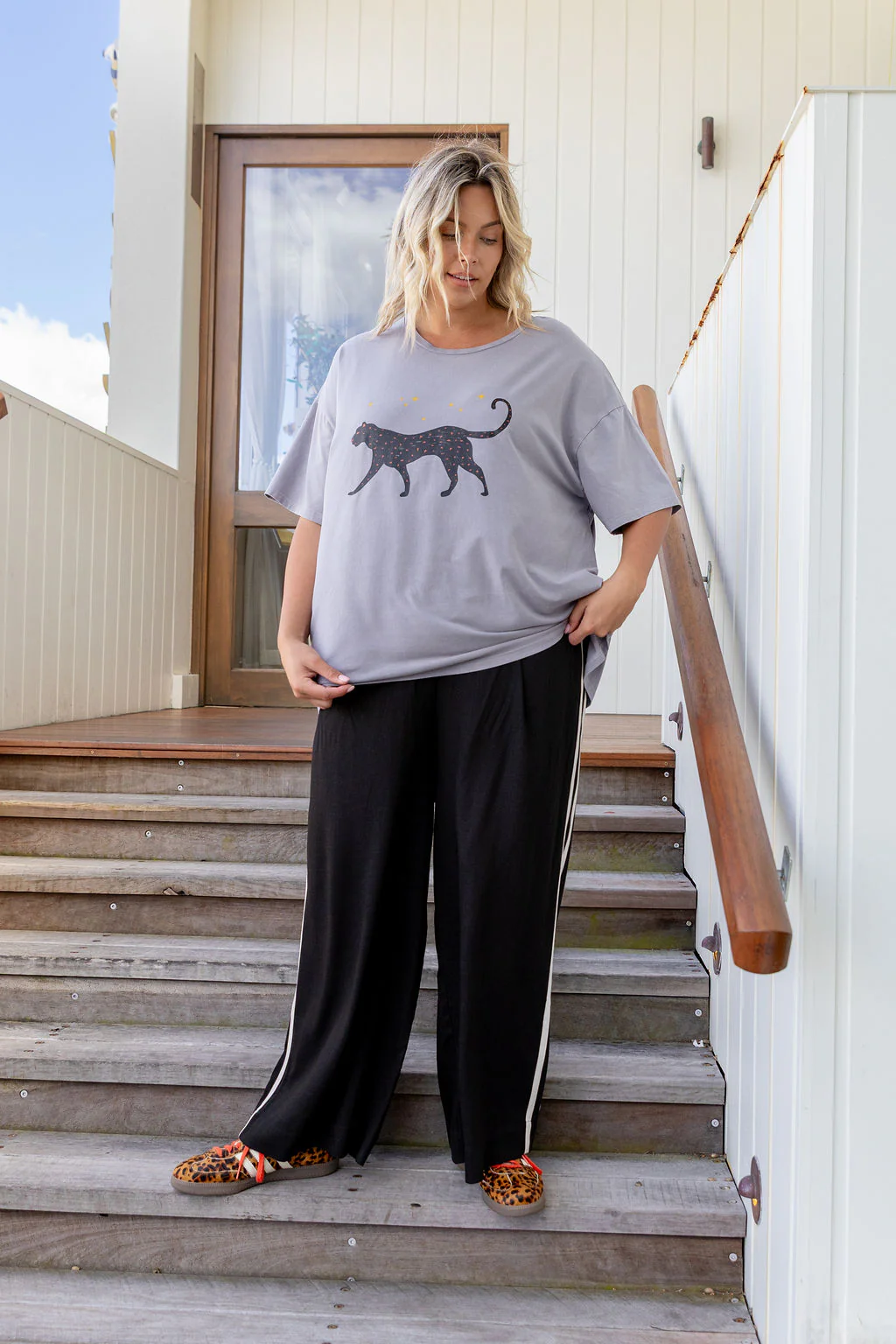 Side Stripe Linen Blend Pants in Black/Cream - Image 5