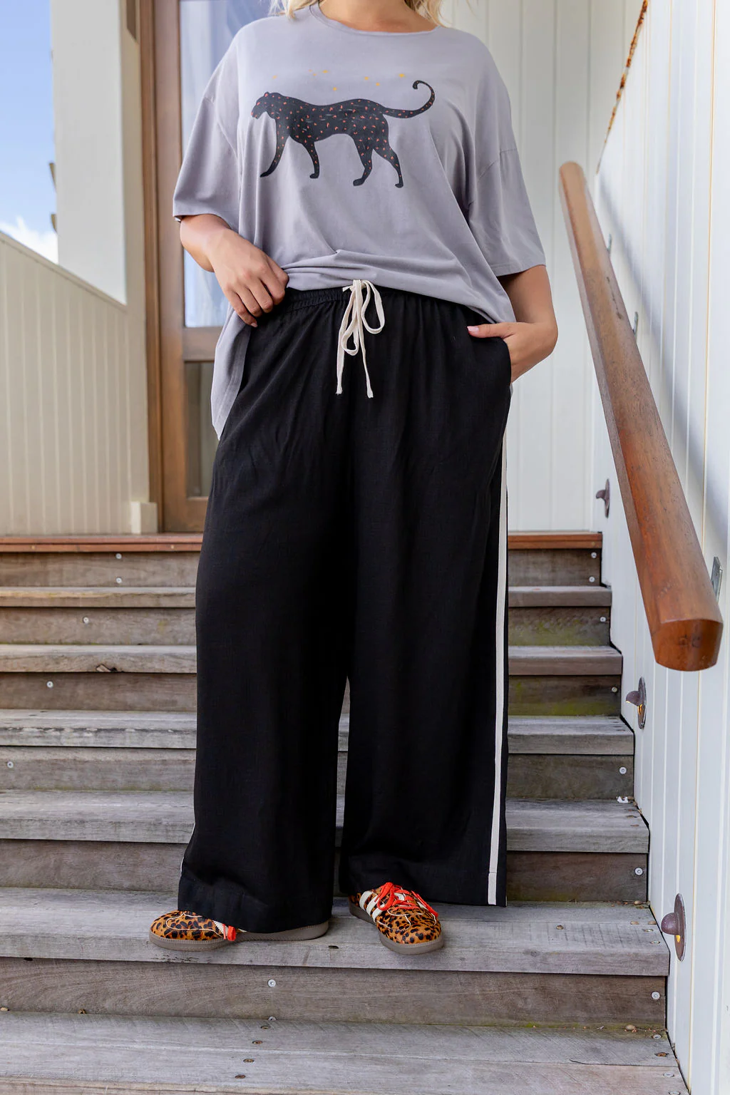 Side Stripe Linen Blend Pants in Black/Cream - Image 6