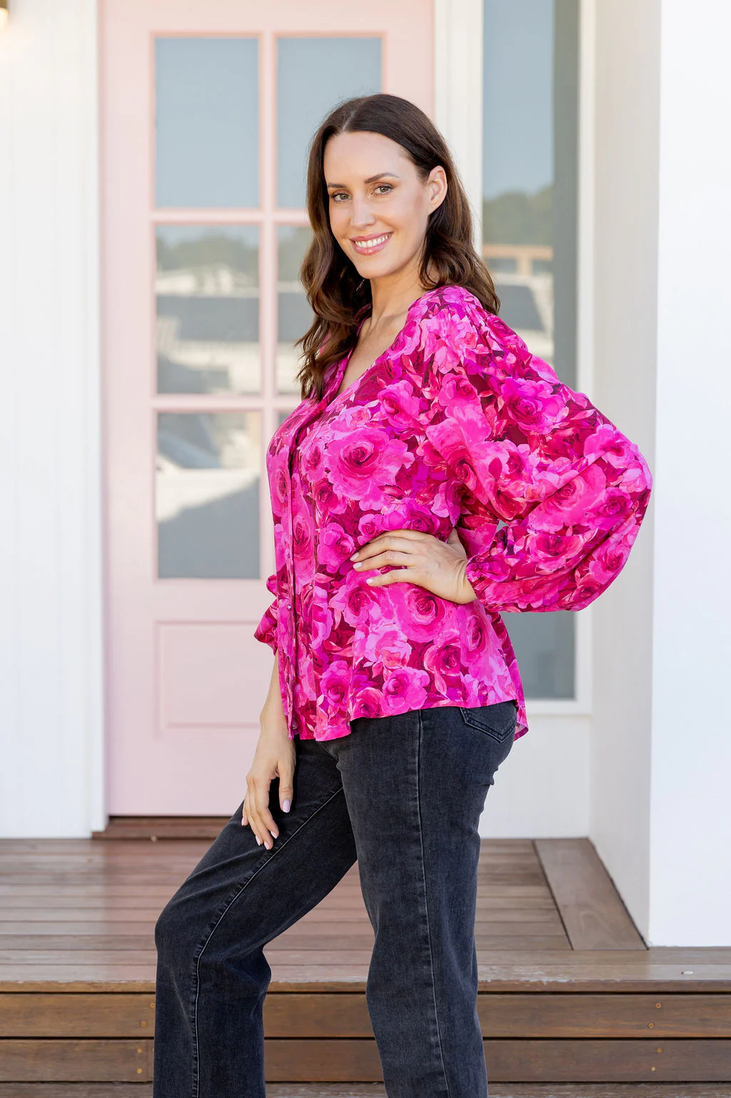 Winona Long Sleeve Blouse In Pink Roses - Image 4